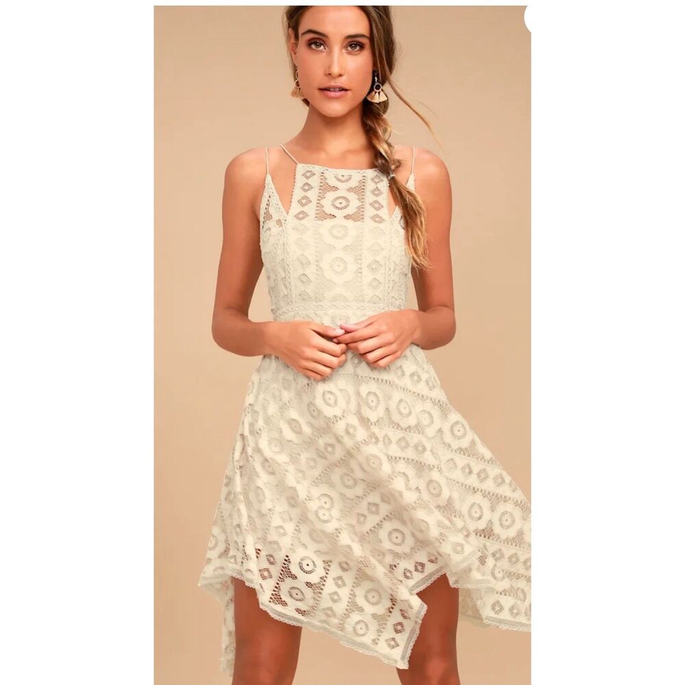 Free People Just Like Honey Beige Lace Halter Dress Handkerchief Hem 6 Boho $128